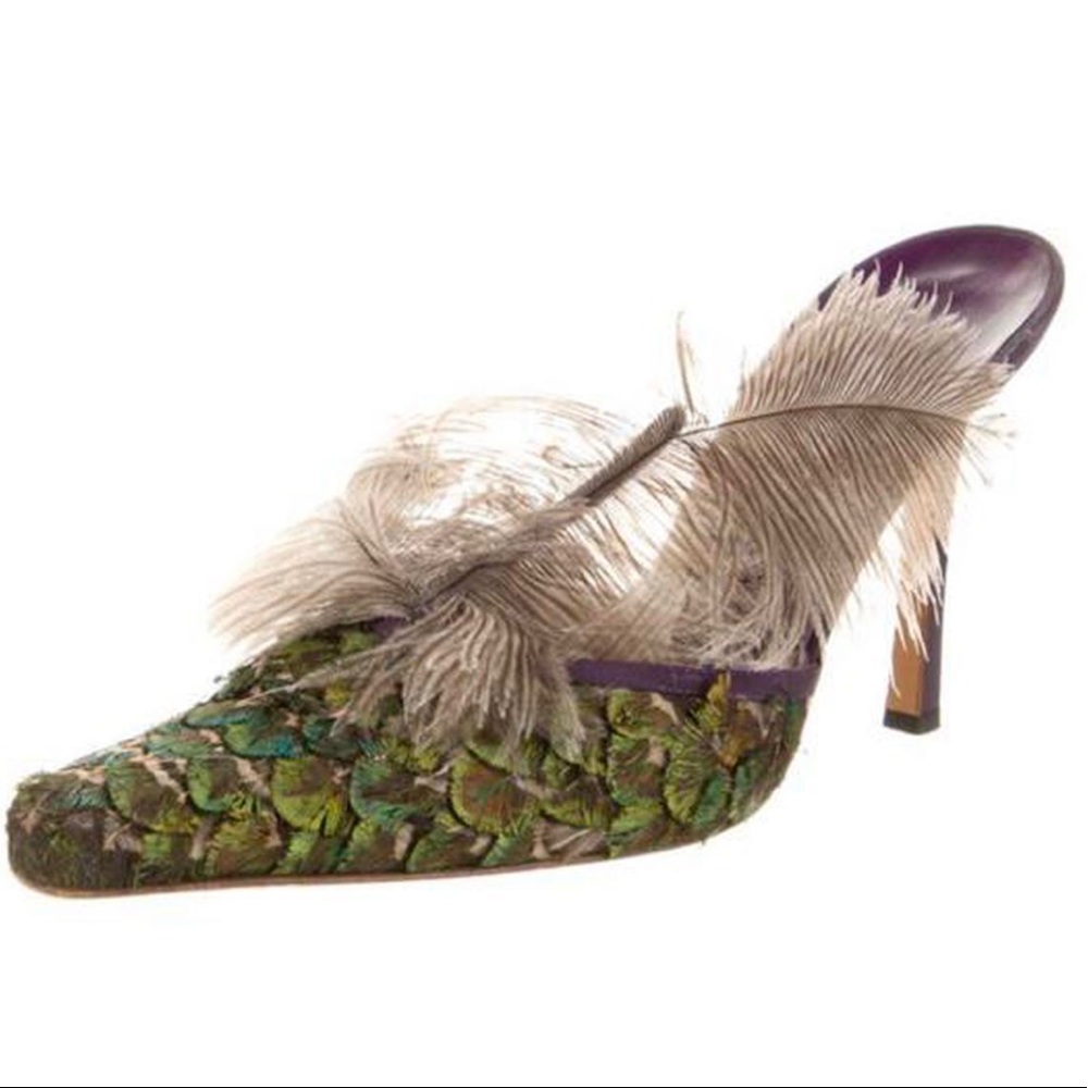 SOLD. Manolo Blahnik Feather Trim Mules